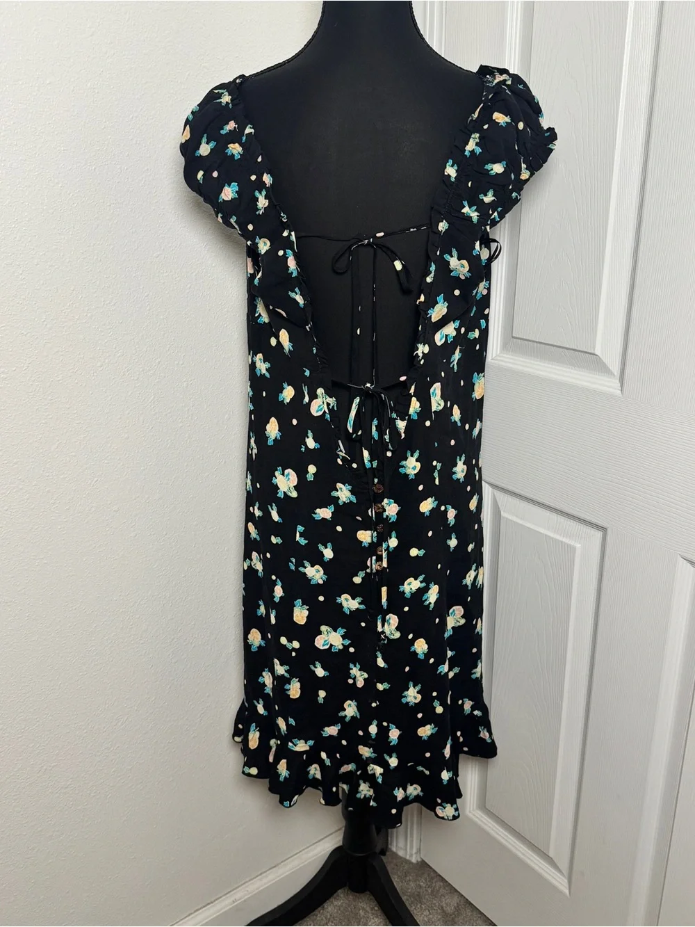 Free People Like A Lady Mini Dress Black Floral Open Back Tie Large - Picture 3 of 4